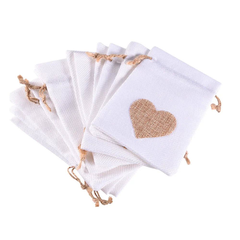 12 шт./компл. в форме сердца сумка Мода белая льняная блузка рубашка шнурок Свадебные подарки мешки для ювелирных изделий, сумочки сумки конфеты 10*14 см