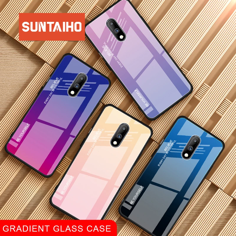 

Suntaiho Tempered Glass Case For Oneplus 7 pro case Silicone Frame Hard Phone Cover For Oneplus 7 Pro 6 6t Aurora Colorful Cover