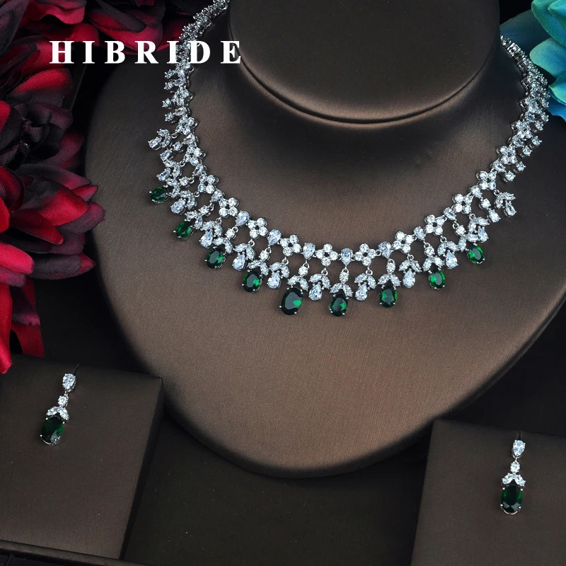 HIBRIDE Luxury Green Water Drop Cubic Zirconia Jewelry Sets For Women Bride Necklace Set Wedding Accessories Wholesale N-422 | Украшения и
