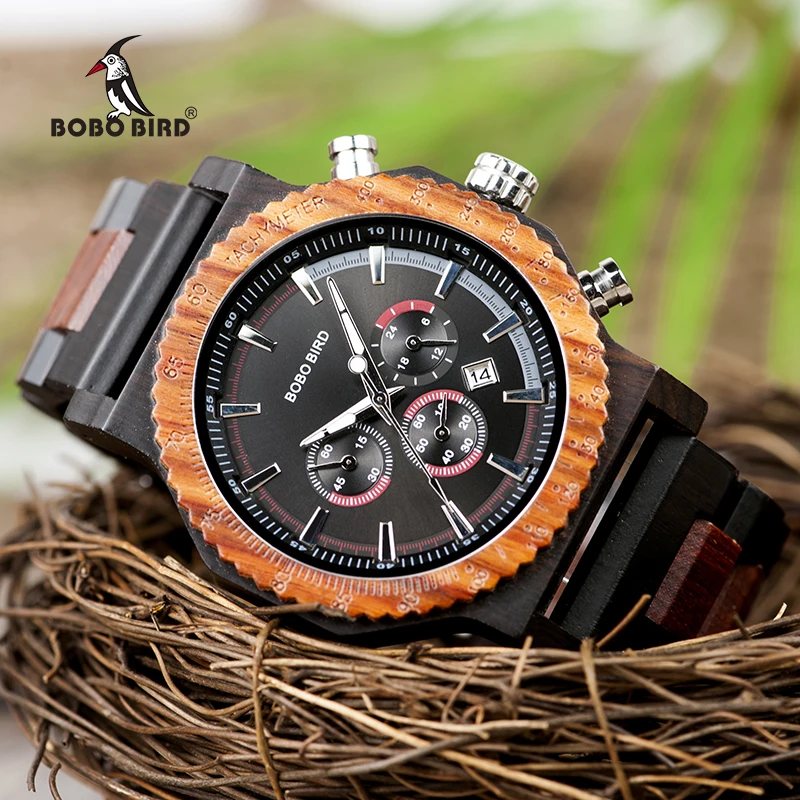 BOBO BIRD Men Wood Watch Classic Chronograph Wooden Bright Color Watches Elegant Fashion Design with Big Size Timepieces relogio