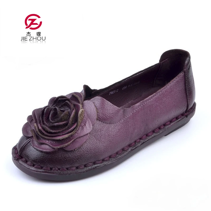 

Spring Autumn Flats Woman Cow Leather Flats Women Slip On Women's Loafers Flower Decoration Large Size shoes 35-41