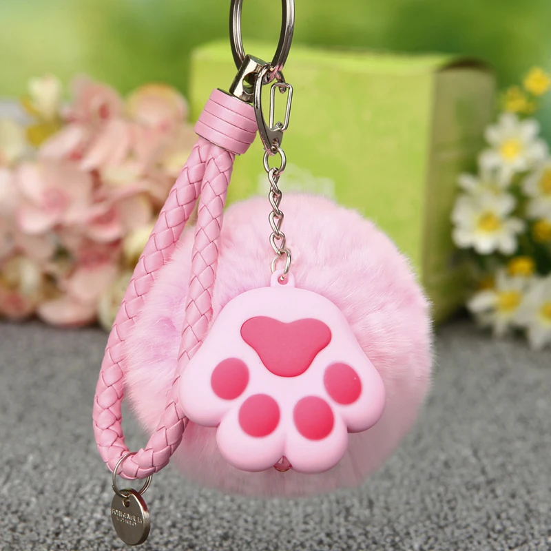 

Fluffy Rabbit Fur Pom Pom Keychain Leather Wrist Rope Pompon Keyring PVC Cat Claw LED Light Keychain Porte Clef Charm Pendant