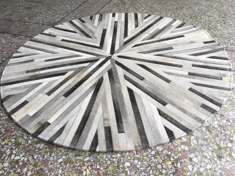

Modern Grey Cow Hair Leather Round Rug Carpet Natural Fur Gray Design