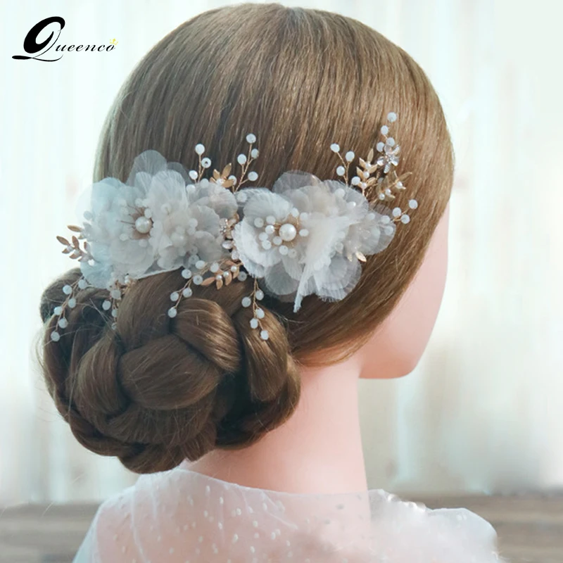 

QUEENCO New Floral Bridal Hair Accessories Crystal Beaded Wedding Hair Jewelry Trendy Leaf Women Headpiece Hair Clip For Girls