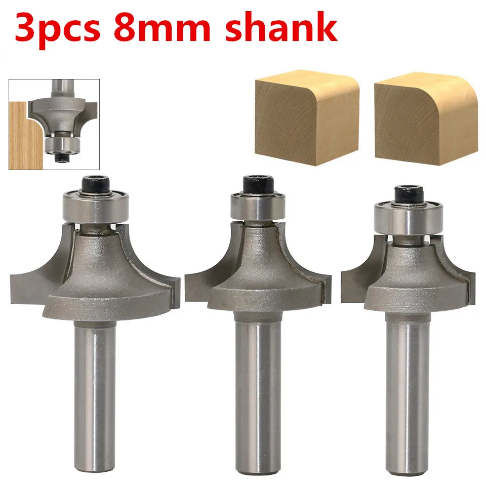 

3pcs/set 8mm Shank 2 Flute Endmill With Bearing Corner Round Over Router Bits Tungsten Carbide Woodworking Cutting Tools