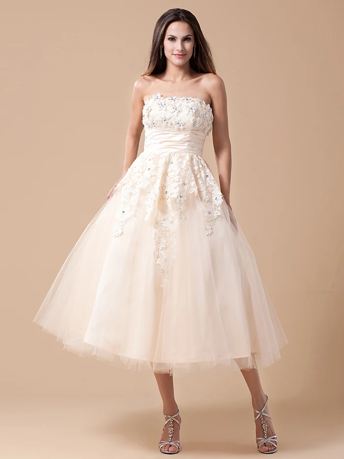 Champagne Short Vintage Tea Length Wedding Dresses With Color Lace