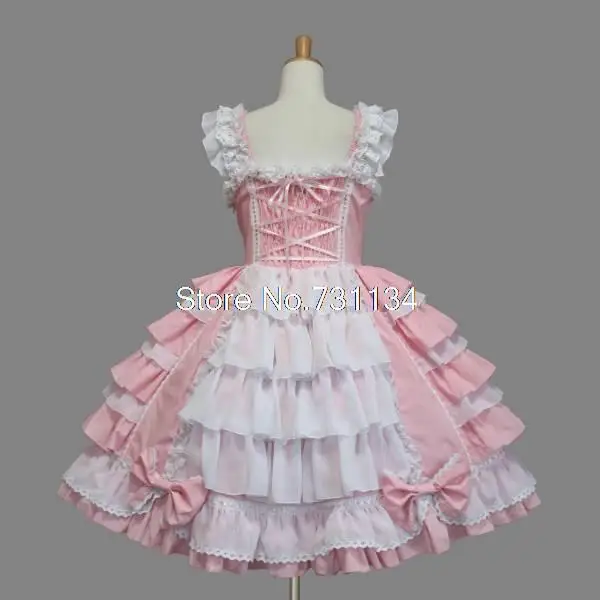 Высококачественное розовое Хлопковое платье в стиле Лолиты с тонкими лямками и рукавами