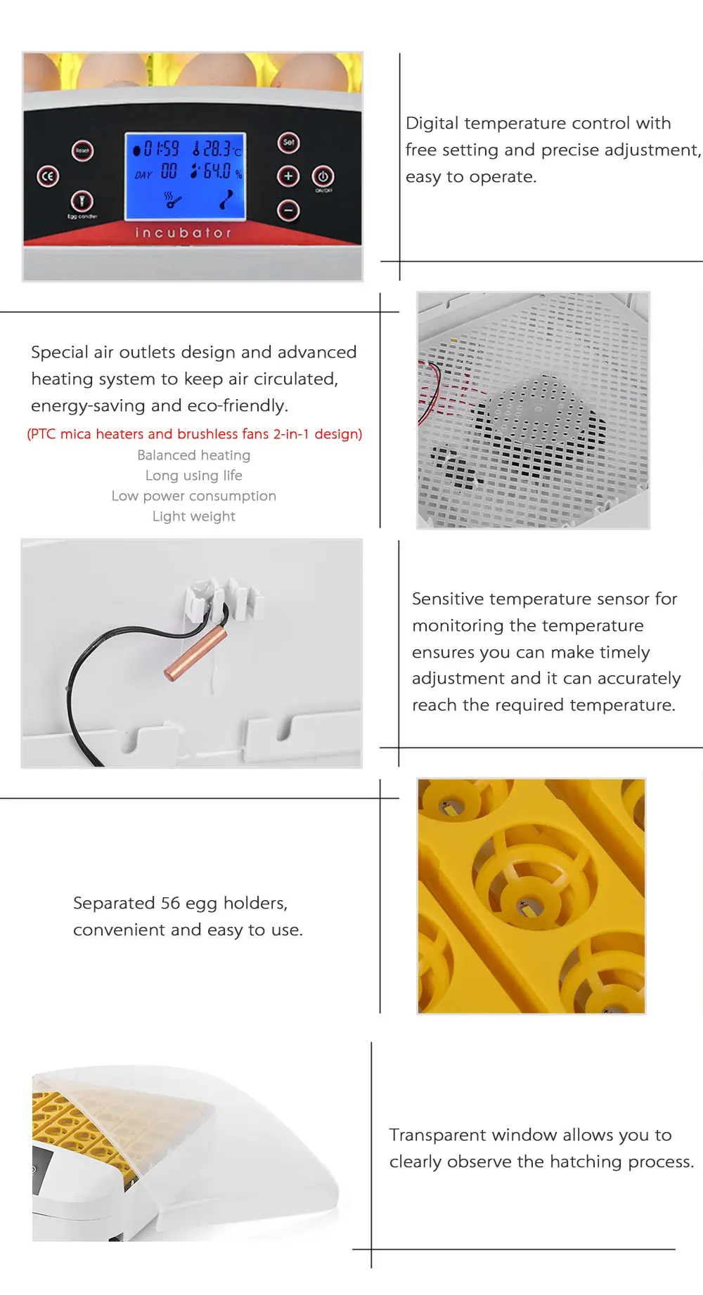 56 Eggs Incubator Full-automatic Egg Incubator Hatcher Eggs Hatching Machine with Temperature Control Onekey LED Egg Tester