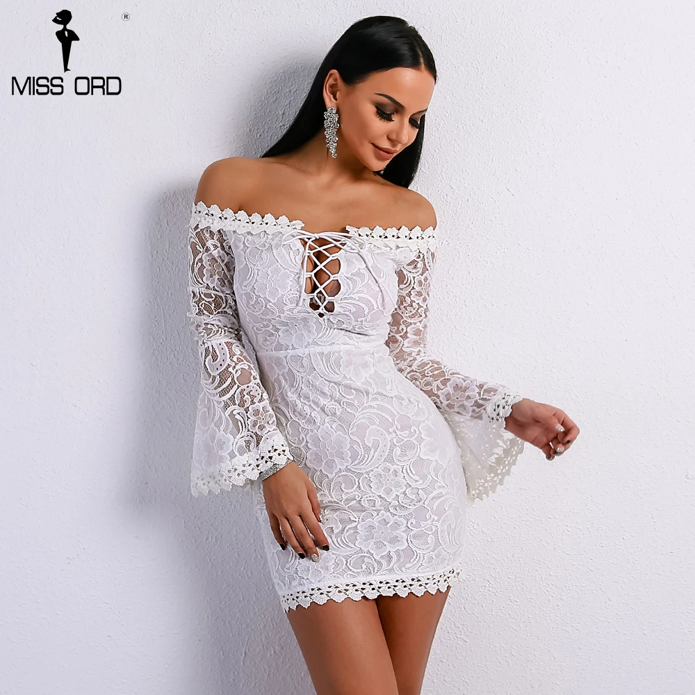 

Missord 2019 Women Sexy Slash Neck Lace Dresses Female Cross Backless Speaker Sleeve Mini White Bodycon Dress FT9114