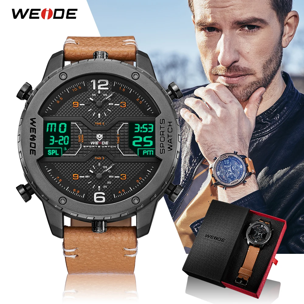 WEIDE men s Sports watch Analog Hands Digital Calendar Quartz Brown Leather Strap Wrist watches reloj