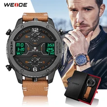 WEIDE men s Sports watch Analog Hands Digital Calendar Quartz Brown Leather Strap Wrist watches reloj