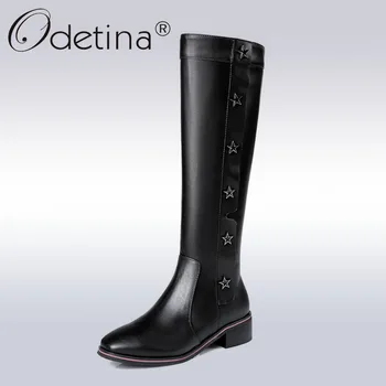 

Odetina 2018 New Fashion Elegant Woman Genuine Leather Knee High Boots Zipper Square Toe Chunky Low Heel Riding Boots For Ladies