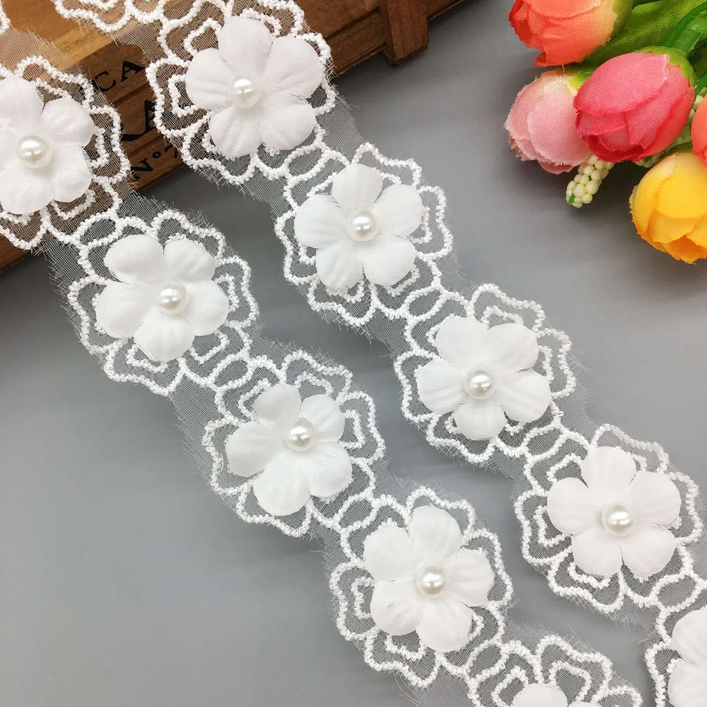 1yd Vintage Flower Pearl Lace Edge Trim Wedding Ribbon Applique DIY Sewing Craft