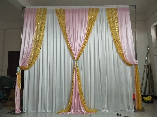 Express free shipping 3Mx6M New Design Wedding Backdrop Curtain with pink and gold Swags for SALE Js-028