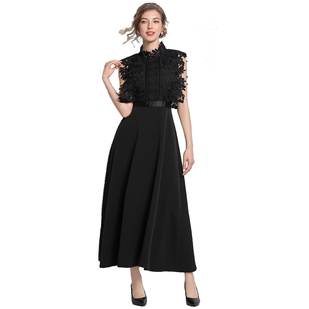 

New Spring Womans Party Dress Solid Black Slim A-line Maxi Dresses Lace Patched Female Street Long Dress Sleeveless Dress