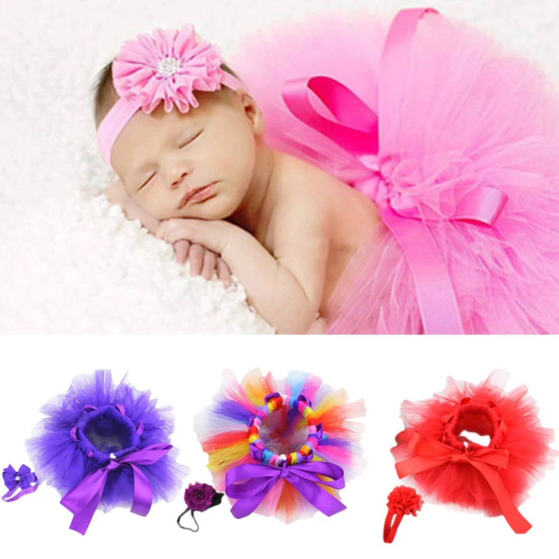 Infant Newborn Baby Girl Mesh Tutu Rainbow Skirt+Headband Photography Prop Photo