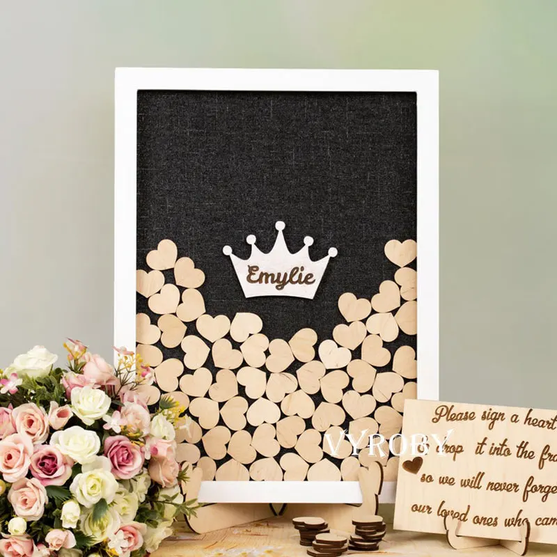 Baby Shower Guest Book Alternative Sign Wooden Drop Box Custom Name on Crown White Frame Black Background Signature | Дом и сад