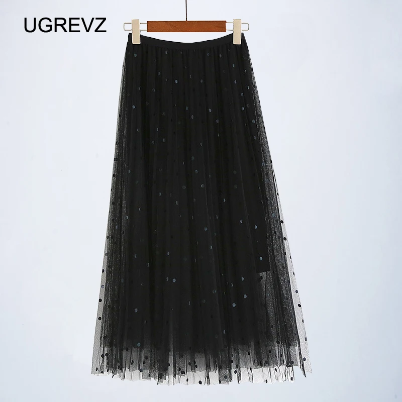 

Long Tulle Skirts Women Polka Dot Maxi Pleated Tutu Skirt Spring Summer Vintage Elegant Boho Elastic High Waist Female