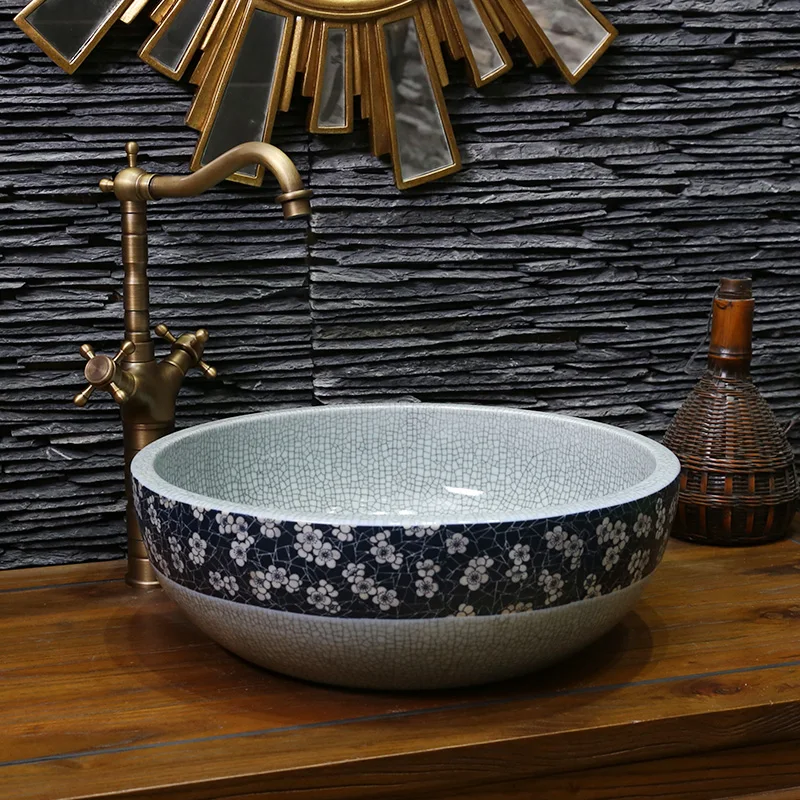 Blue Europe Vintage Style Art Chinese Countertop Basin Sink Handmade Ceramic Bathroom Vessel