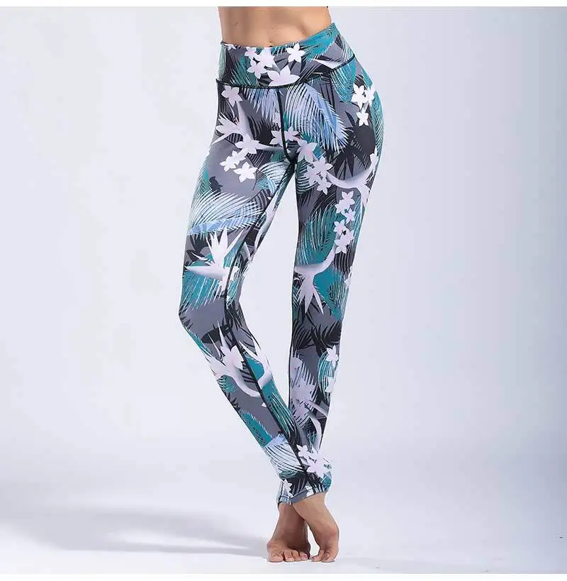 Women's Yoga Pants Side Pocket Ankle Length Pants Stretch Fitness Gym Tights Pants Flower Printed6
