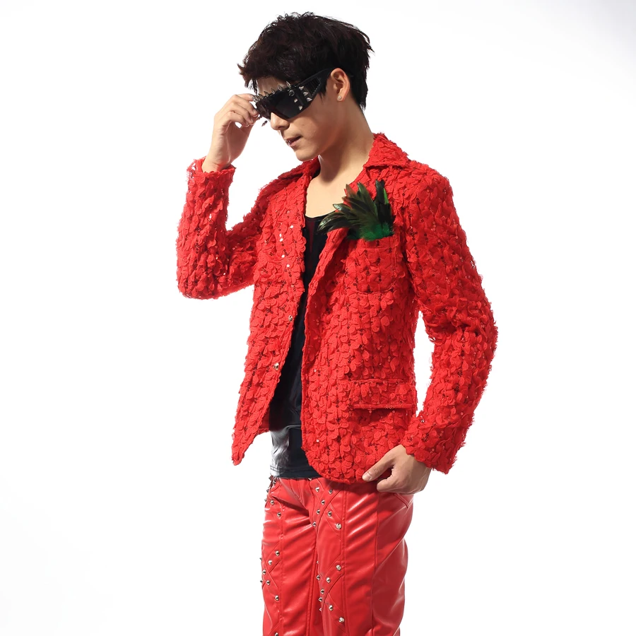 Красный трехмерный цветы певица блейзеры рок Блейзер мужские костюмы модные костюмы для мужской пиджак, жакет masculino настраиваемый