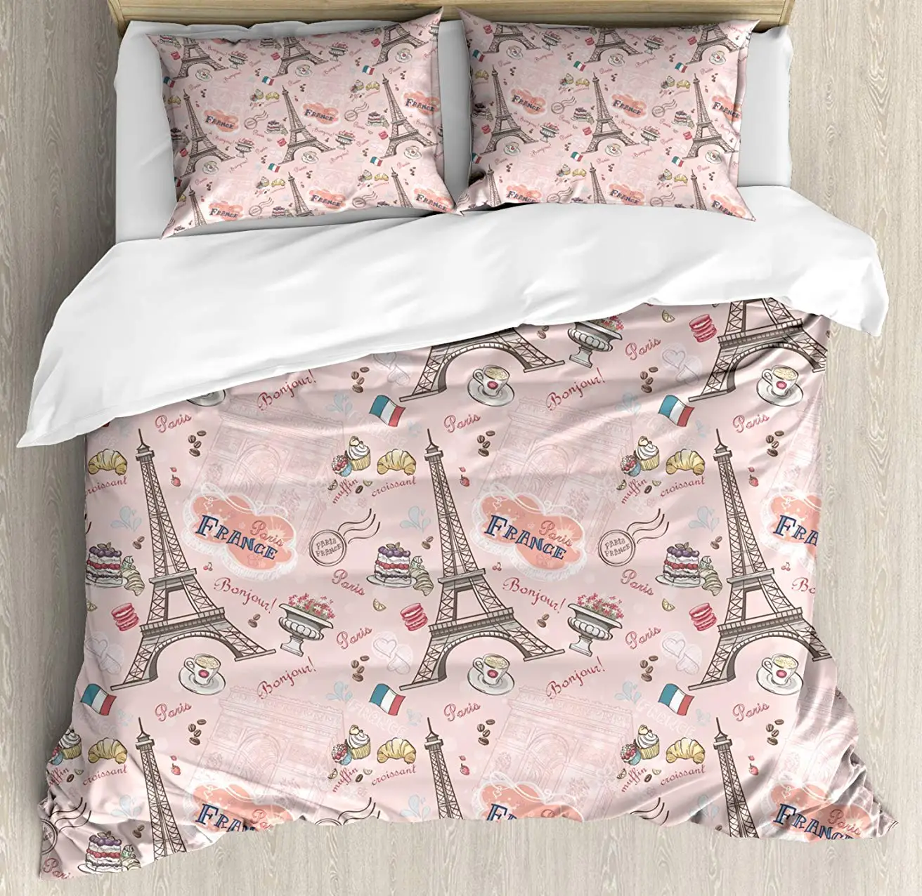 

Paris Duvet Cover Set Romantic Elements from the Capital City of the France Croissant Muffin Macaroon Paris 3 Piece Bedding Set