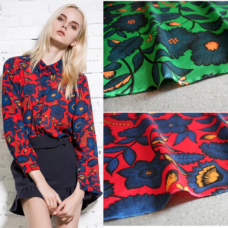 

145x100cm Imported European Style Floral Print Satin Fabric for Women Dress,Scarves,Curtains,Shirts Sewing Patchwork Upholstery