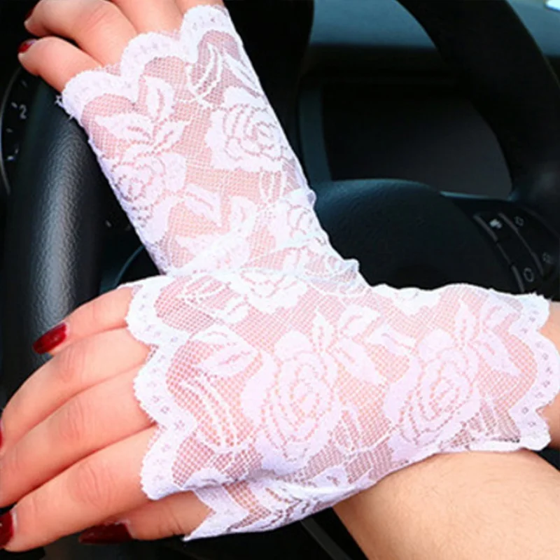 Женские перчатки в сеточку для вождения, шикарные вязаные Вечерние перчатки с цветами, кружевные перчатки без пальцев - Цвет: W