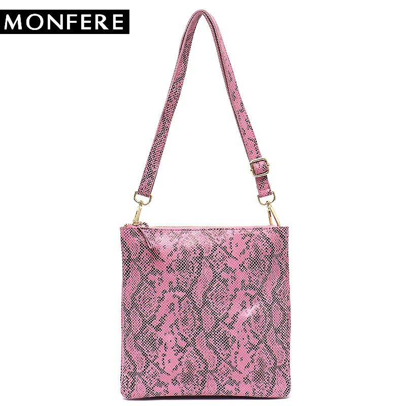 

MONFERE Brand Fashion Snake Print Leather Cross body Bags Girls Animal Leather Shoulder Flap Double Zip Pockets Messenger Bags