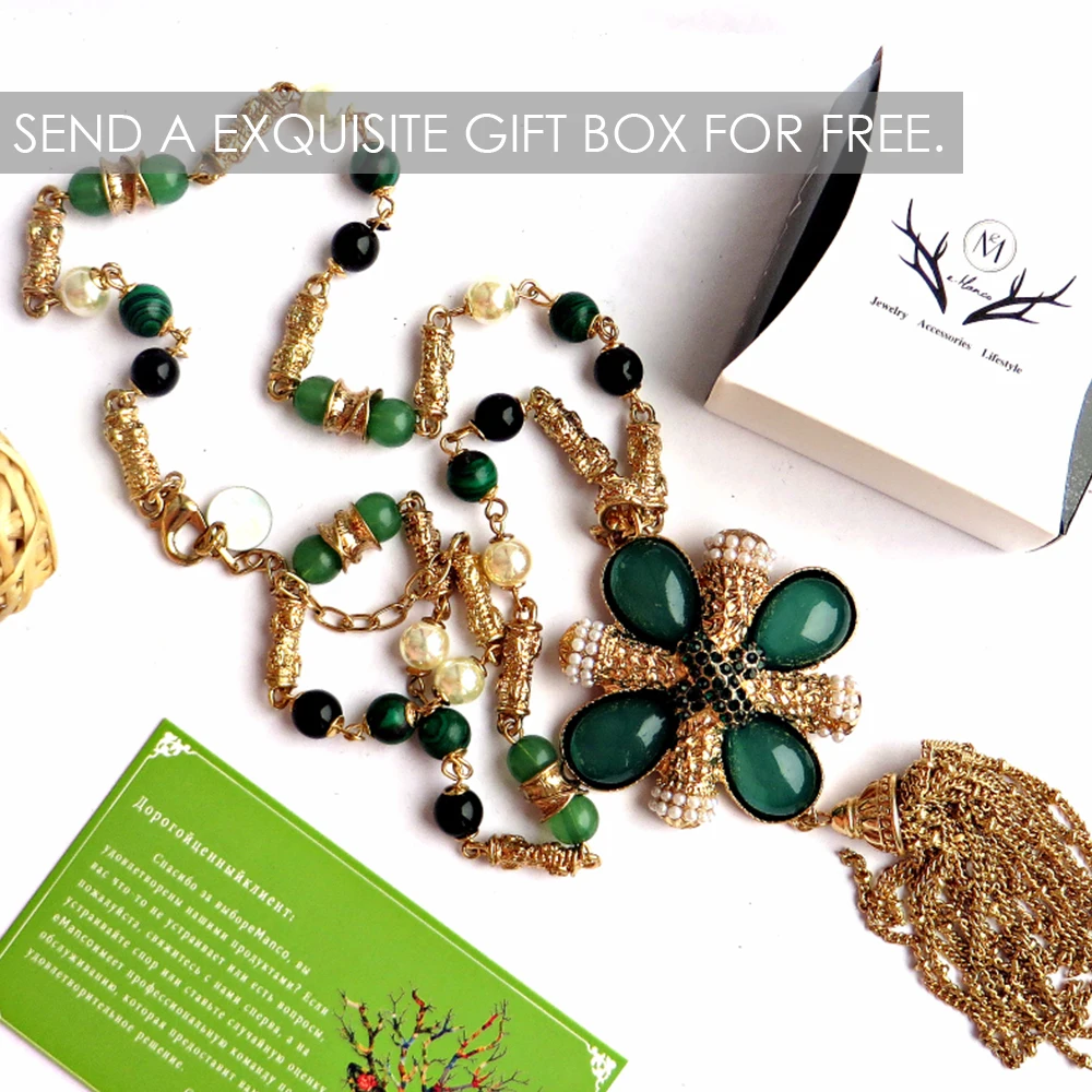 eManco Women's Long Luxury Zinc Alloy Tassel Pendent & Necklace with Imitation Pearl &Acrylic Vintage green Chain necklace