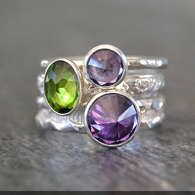

Simple Silver Color Colorful Round Stone 3 Rings Set Cute Girls Cocktail Ring Size 6-10 Ladies Engagement Party Jewelry Dropship