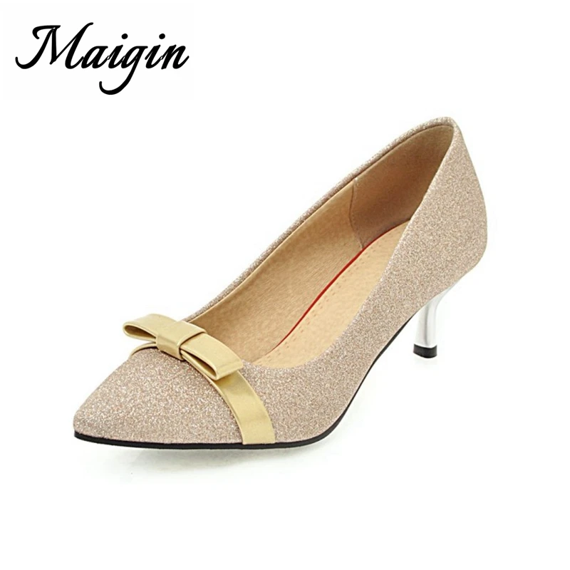 Maigin Golden Butterfly-knot High Heels Pumps 2018 Fashion Pointed Toe Slip-on Spring Shoes Women Ladies Shoes sepatu wanita