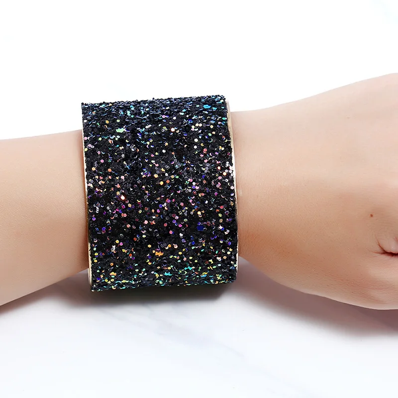 

Personality Sequin Alloy Opening Wide Bangle Black Gold Jewelry Bracelet For Ladies Luxury Jewelry Bracelets