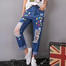 2017 summer women’s knees hole jeans nine pants straight loose graffiti beggars pants denim pants w248