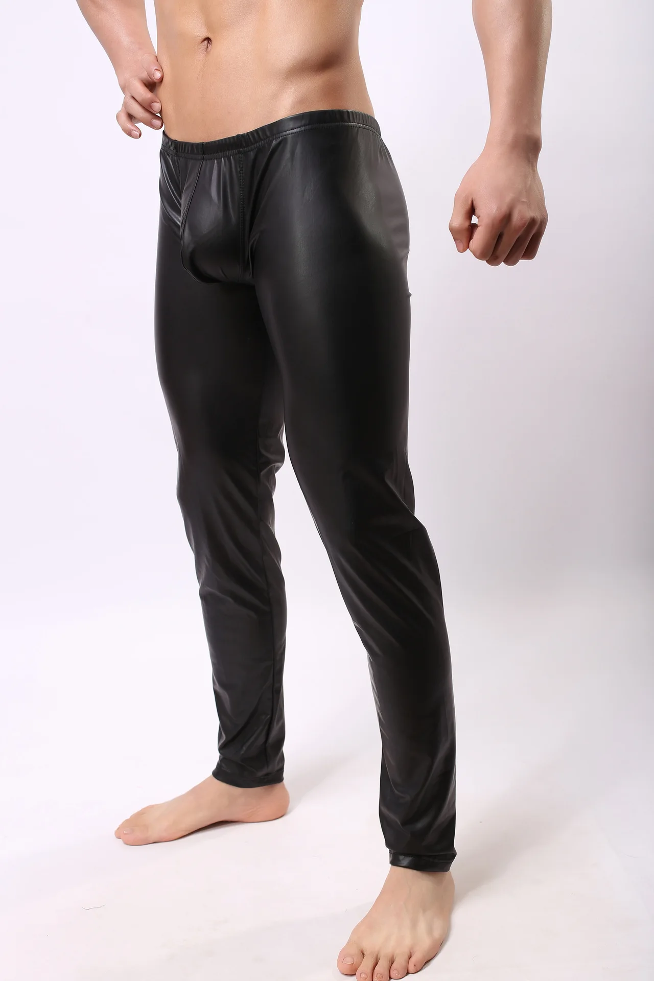 Hot Sexy Wet Look Metallic  Stretch to Fit Long Johns with Front Crotch Bulge Pouch Leggings Pants Trousers Fetish Disco Costume