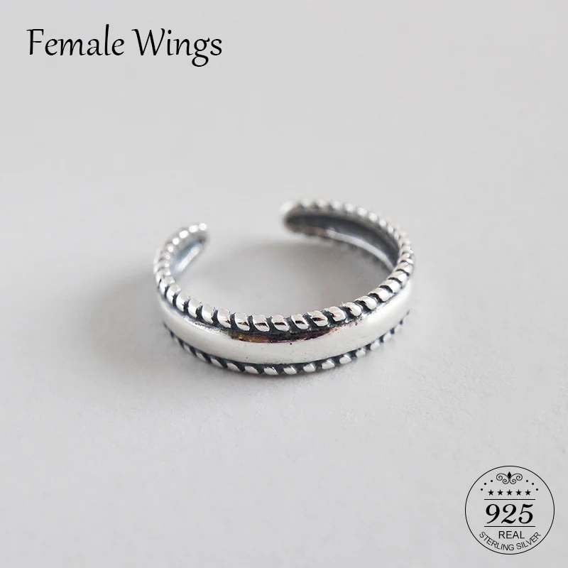 

FEMALE WINGS 925 Sterling Silver Rings For Women Vintage Twist Open Adjustable Party Girl Ring Bijoux Femme Anel Gift FR057