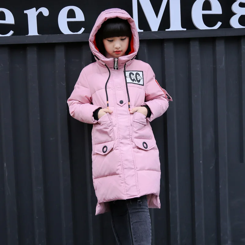 

HSSCZL Girls Down jackets Winter 2017 Brand girl down coat Hooded collar Long Style Letter child kids outerwear overcoat parkas