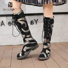 Prova Perfetto/ дизайн; разноцветные замшевые лоскутные Сапоги; рыцарские сапоги с молнией сзади и круглым носком на толстой подошве; femainos