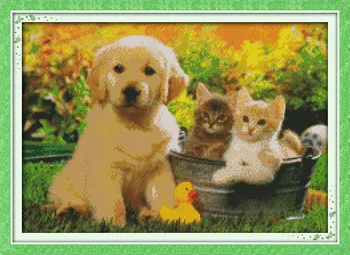 

Sweet friend dog and cats Printed Canvas DMC Counted Cross Stitch Kits printed Cross-stitch set Embroidery Needlework