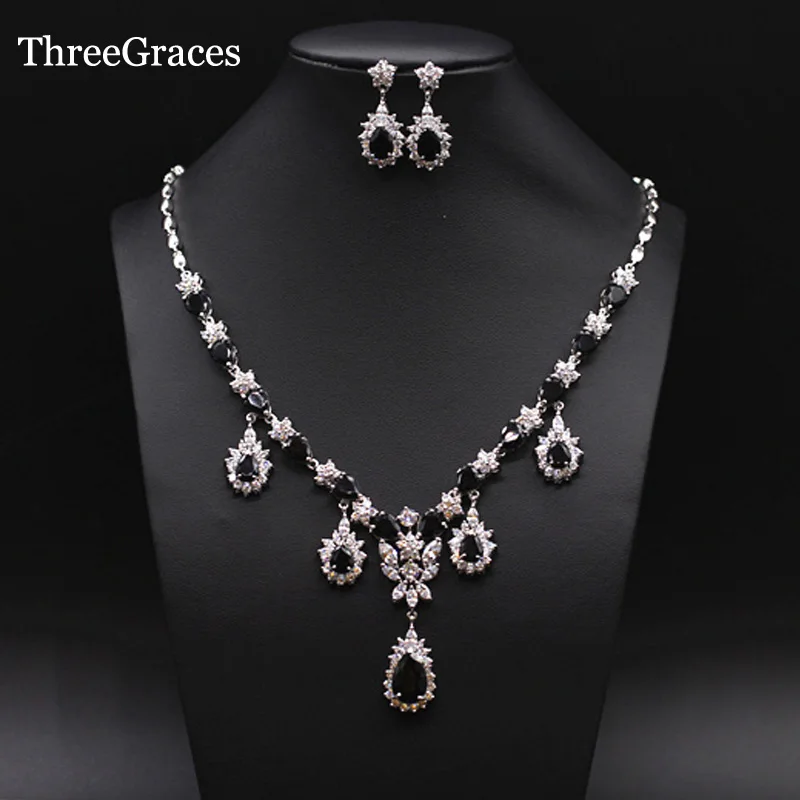 

ThreeGraces Sparkling Silver Color Cubic Zirconia Dangle Drop Large Vintage Black Wedding Jewelry Sets For Women JS077