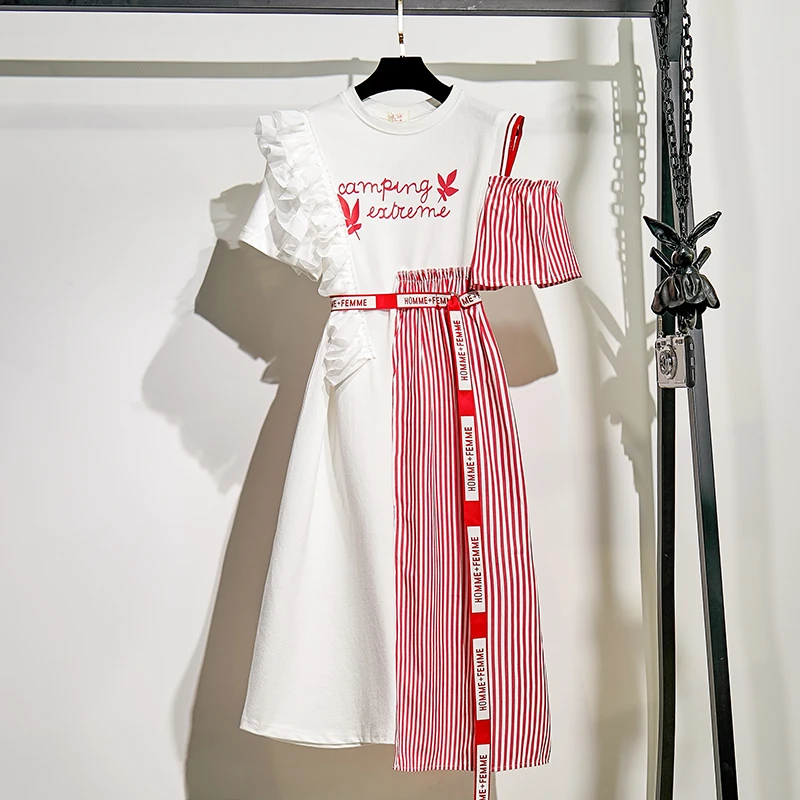 Летнее модное женское платье с оборками и открытыми плечами, с буквенным принтом, Несимметричное платье, уличная одежда, повседневное Полосатое лоскутное платье-рубашка средней длины