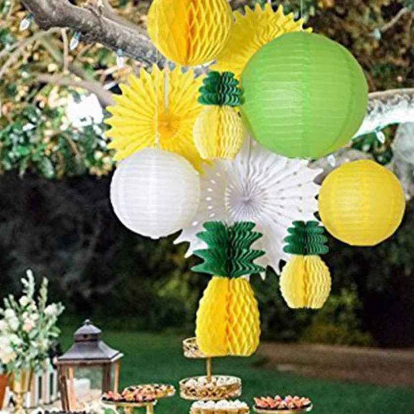 

10pc (Yellow Green White) Summer Party Decoration Set Honeycomb Pineapple Paper Lantern Fans Luau Beach Tropical Party Backdrop