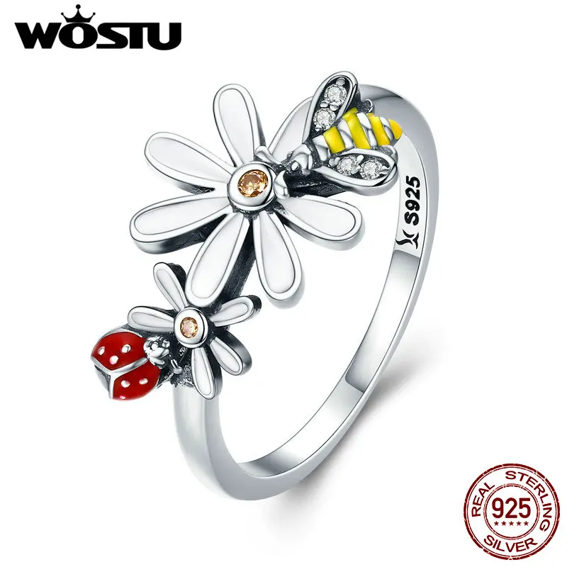 

WOSTU Authentic 925 Sterling Silver Ladybug & Bee in Daisy Finger Rings for Women Fashion Brand Nature Style Jewelry Gift FIR311