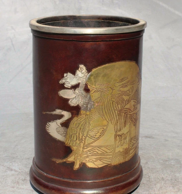 

Chinese Pure Bronze Longevity Immortal God Crane Statue brush pot Pencil Vase