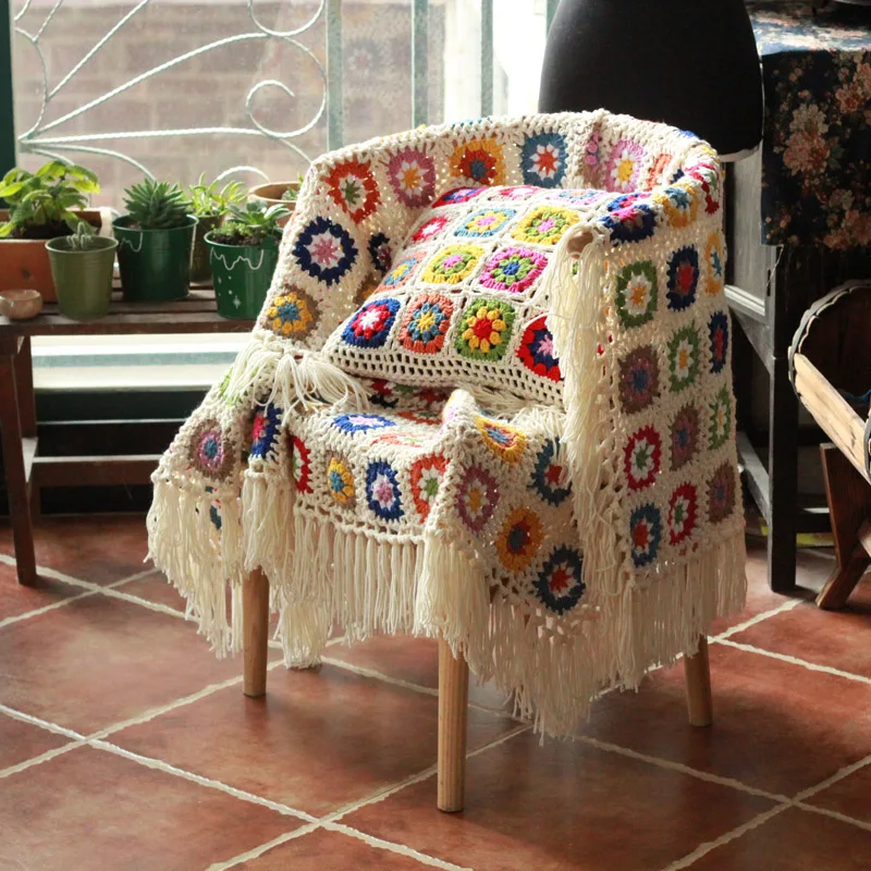 Fringe blanket Granny square Crochet sofa Throw floral blanket with