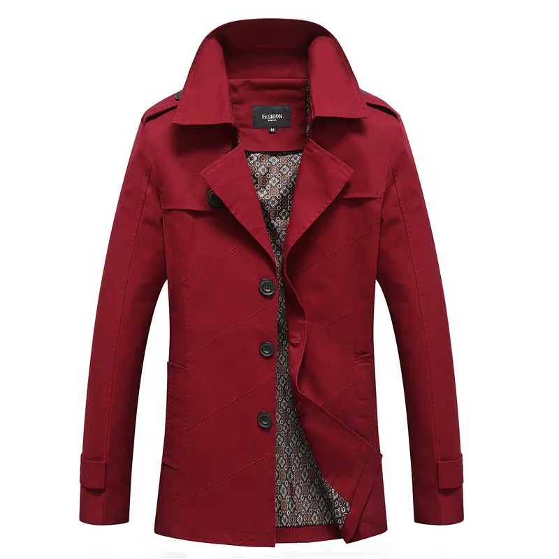 4XL модный мужской Тренч средней длины, новинка, весна-осень, приталенный, Повседневный, чистый цвет, куртки, 4 цвета, ветровка, пальто - Цвет: wine red