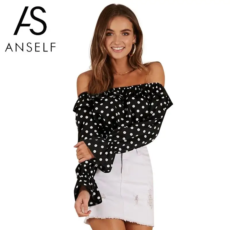 

Women Vintage Polka Dots Blouses Sexy Off Shoulder Top Long Sleeves Ruffles Slash Neck Casual Chiffon Shirt Tops female tunics