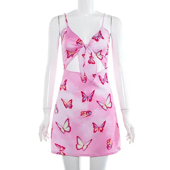 

Pink Butterfly Print Sexy Cute Summer Dress 2019 V neck Bow Spaghetti Strap Backless Mini Sundress