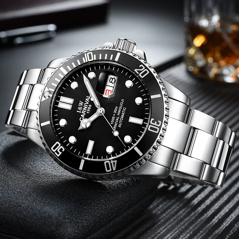 

Carnival Mechanical Men's Watch Rotatable Bezel GMT Sapphire Luminous Wrist Watches Date Day Full Stainless Steel Blue Dial