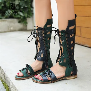 

Prova Perfetto Green Hollow Out Summer Boots Lace Up Women Gladiator Sandals Flat Beach Shoes Woman Casual Flats Chaussure Femme